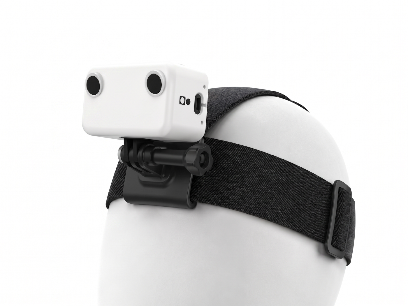EGO1-HS headset worn on a head, showing the stereo camera pair and GoPro-style strap mount